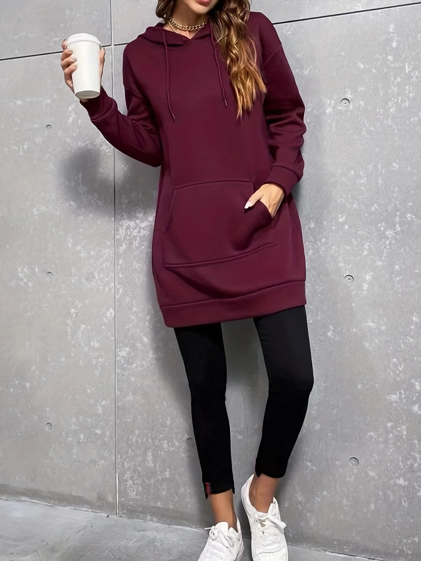 deanwangkt-1  Solid Drawstring Hoodie, Casual Long Sleeve Kangaroo Pockets Hoodie, Women's Clothing - Deanwangkt