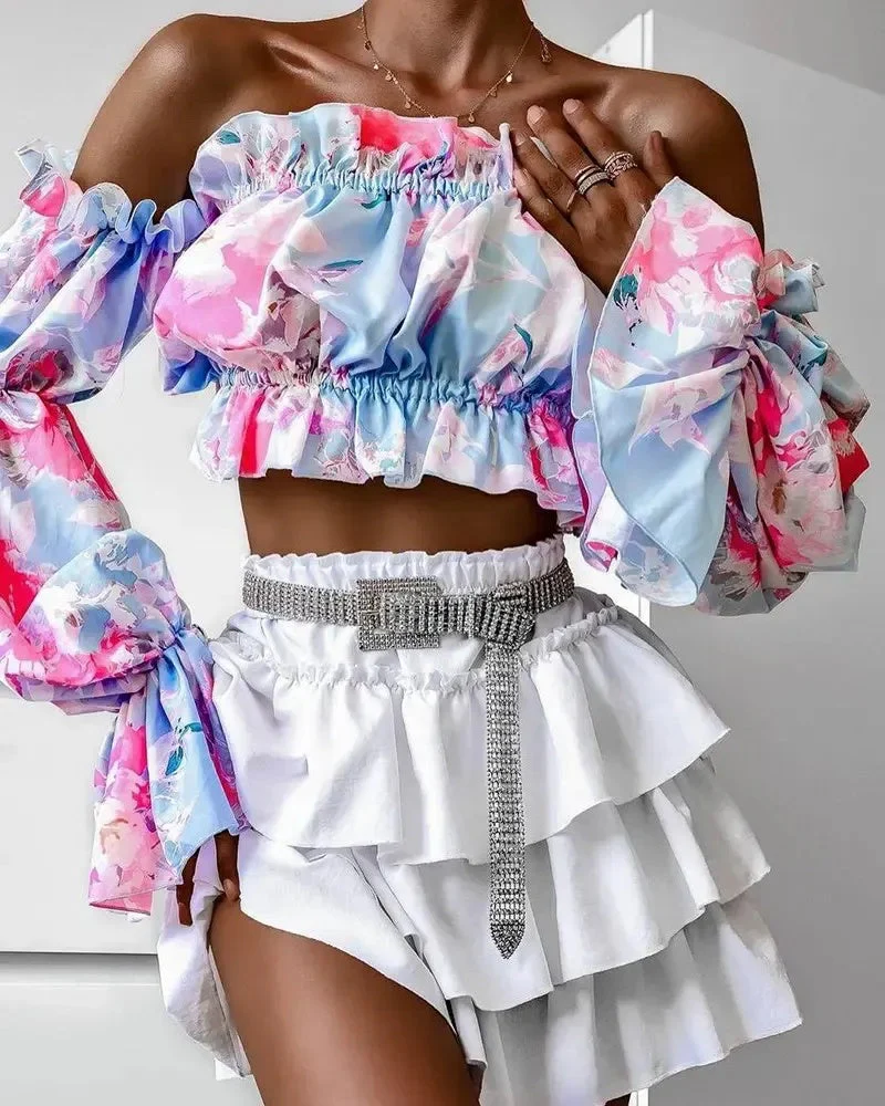 Deanwangkt - Off The Shoulder Floral Print Crop Top With Flare Sleeve And Ruffle Hem - Deanwangkt