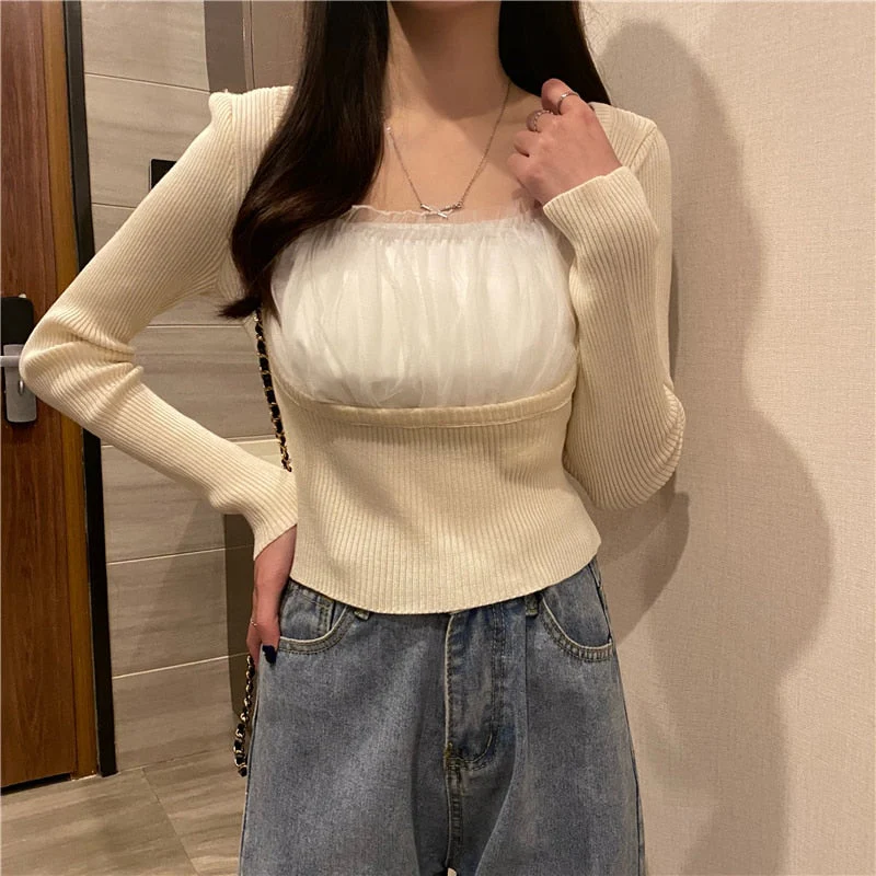 Christmas Gift Deanwangkt early spring new square collar patchwork basic bottomig shirt elegant fashion termperament women's shirt spring female tops - Deanwangkt