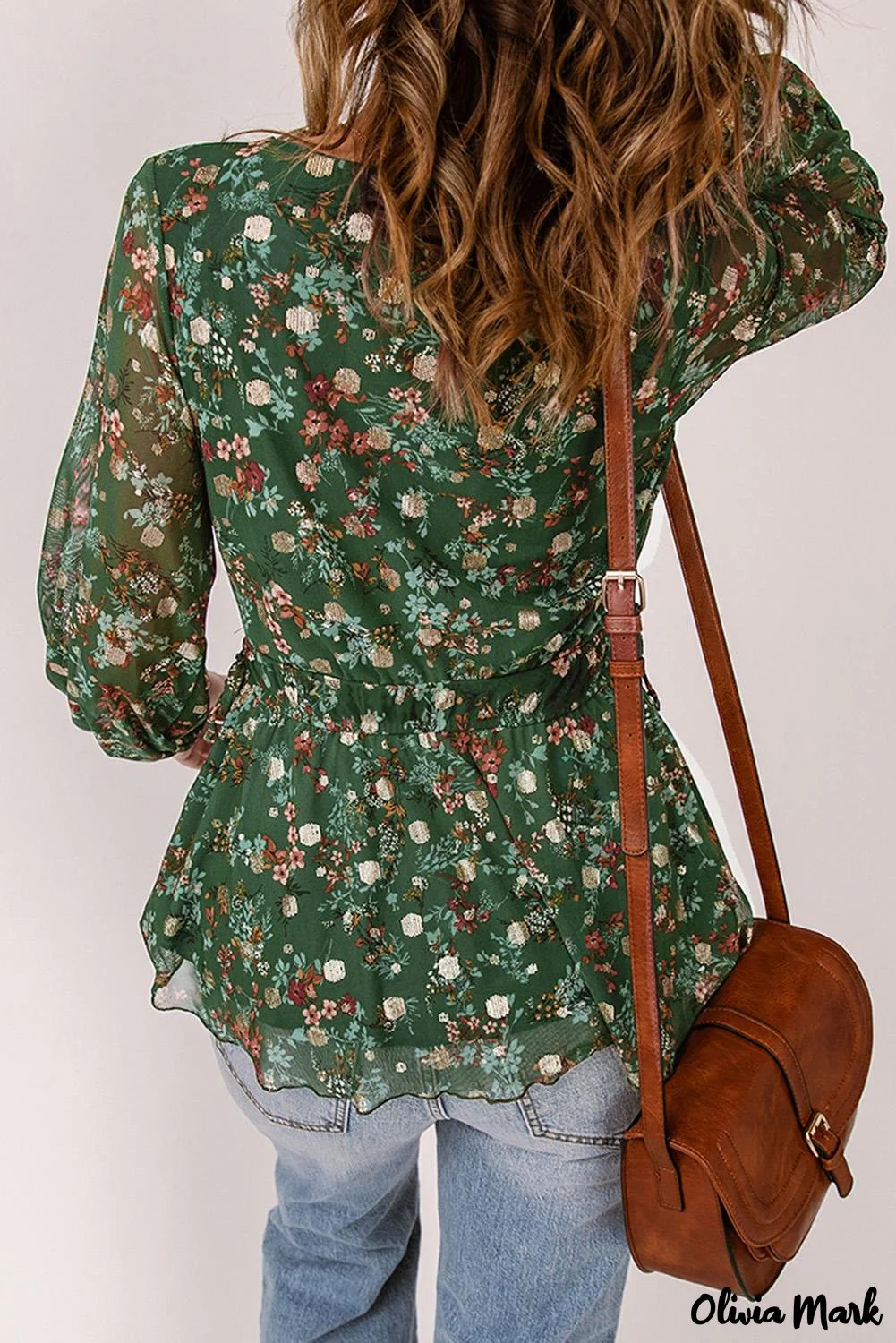 Deanwangkt - Green Floral Print Wrap V-Neck Peplum Top - Deanwangkt