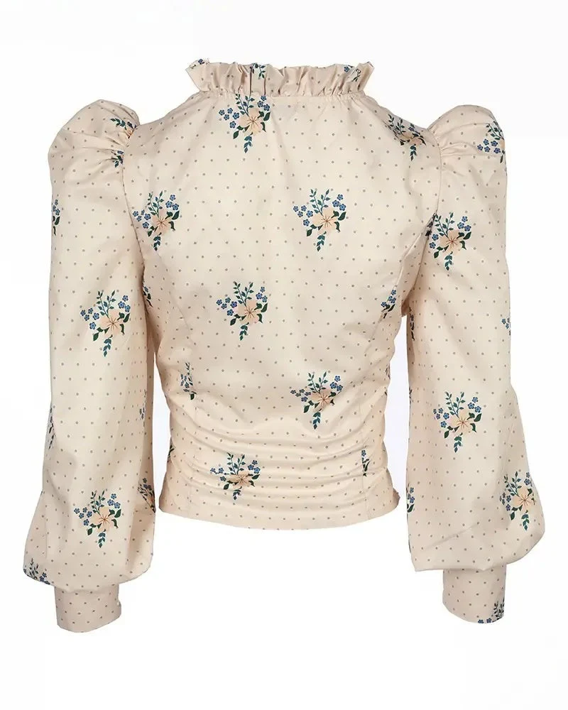 Deanwangkt - Polka Dot Floral Cut-Out Lantern Puff Sleeve Top - Deanwangkt