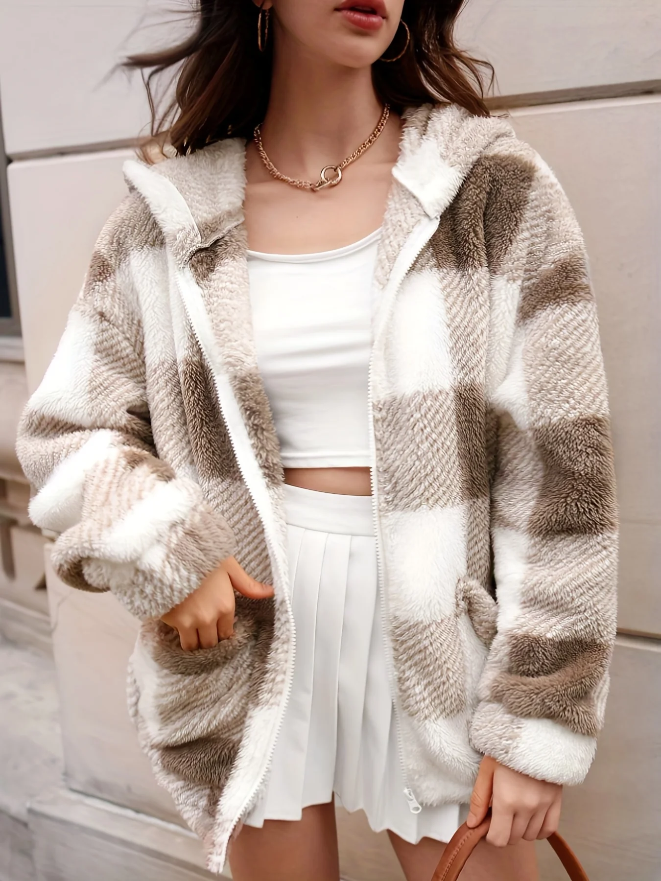 deanwangkt-1  Plaid Hooded Teddy Coat, Elegant Zip Up Long Sleeve Winter Warm Outerwear, Women's Clothing - Deanwangkt