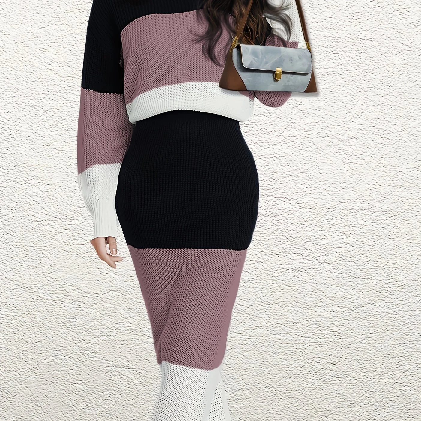 deanwangkt-1  Elegant Color Block Two-piece Set, Crew Neck Long Sleeve Knit Sweater & Bag Hip High Waist Skirts Outfits, Women's Clothing - Deanwangkt