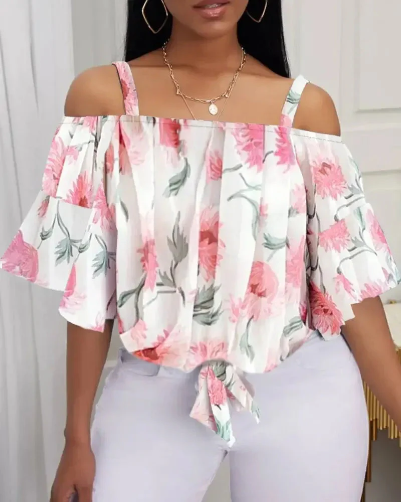 Deanwangkt - Off Shoulder Floral Tie Front Bell Sleeve Top - Deanwangkt