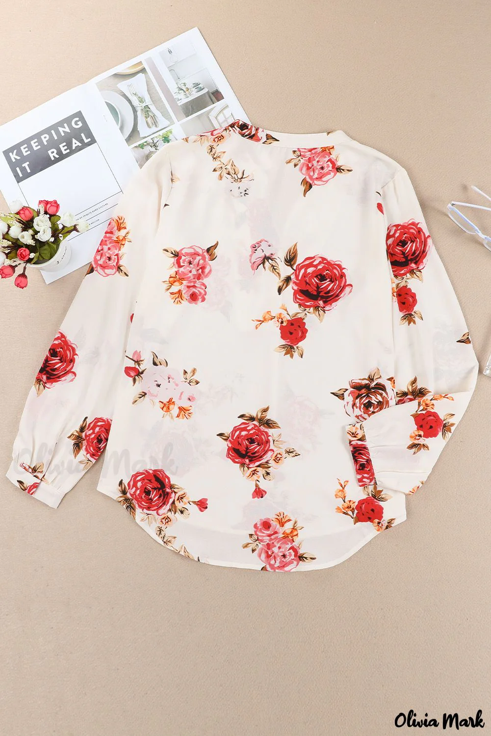 Deanwangkt - Beige Floral Print V-Neck Button Down Blouse - Deanwangkt