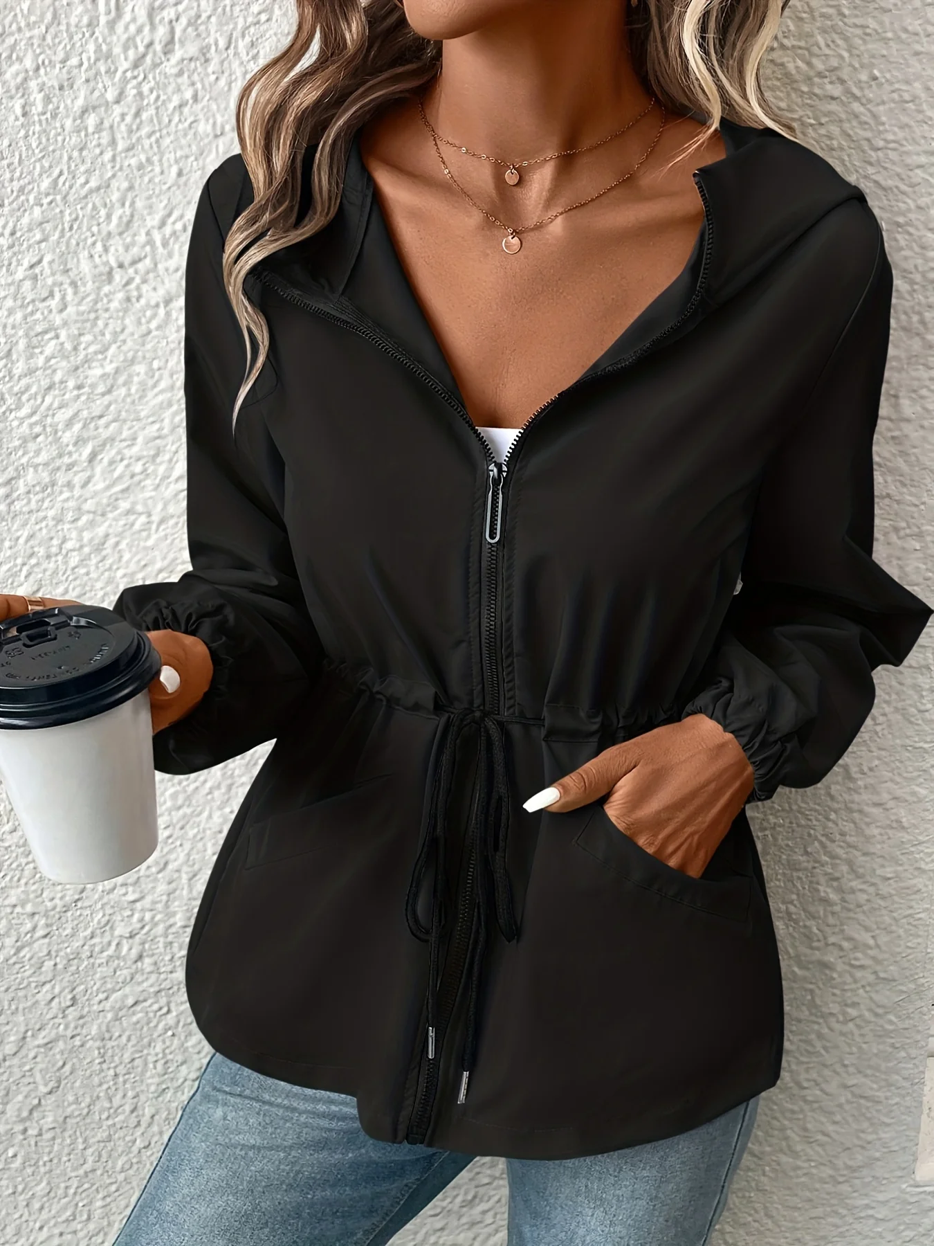 deanwangkt-1 Solid Drawstring Windproof Jacket, Casual Long Sleeve Hooded Zip Up Outerwear With Pockets, Women's Clothing - Deanwangkt