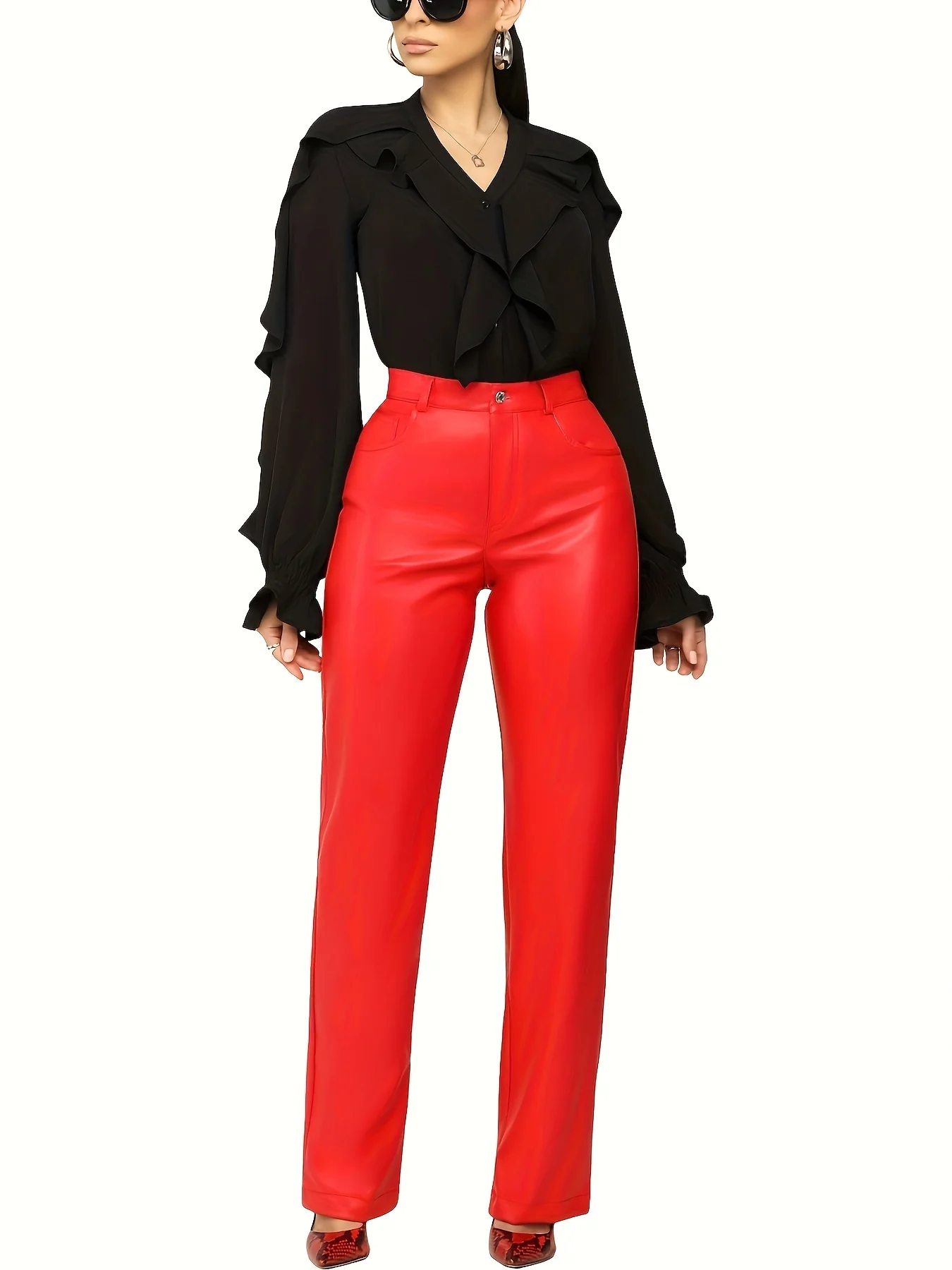 Solid Ruffle Trim Decor Blouse, Elegant Long Sleeve Blouse For Spring & Fall, Women's Clothing - Deanwangkt