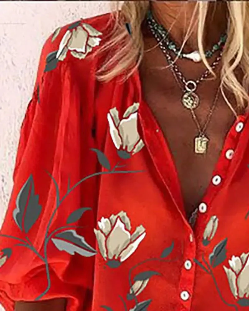 Deanwangkt - Floral Print Button Down Shirt with Lantern Sleeves - Deanwangkt