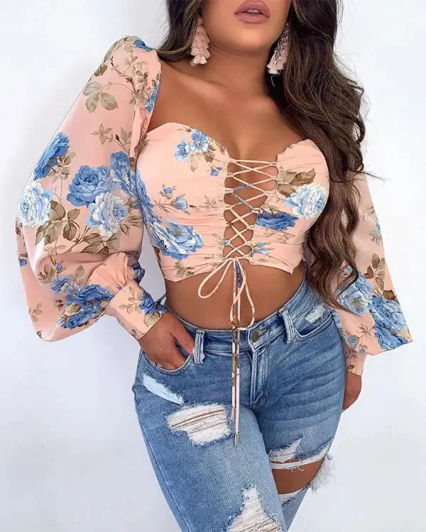 Deanwangkt - Floral Print Drawstring Lace Up Crop Top - Deanwangkt