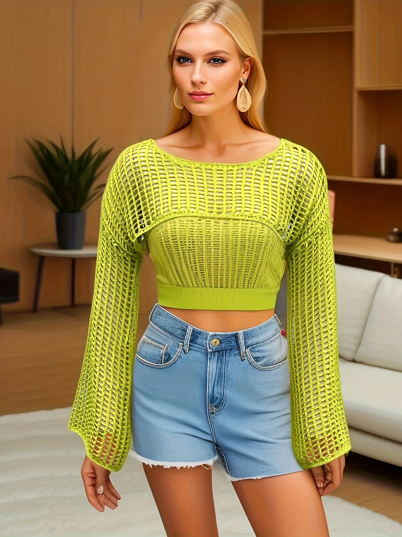 deanwangkt-1  Y2K Hollow Out Crop Sweater, Long Sleeve Casual Sweater For Spring & Fall, Women's Clothing - Deanwangkt