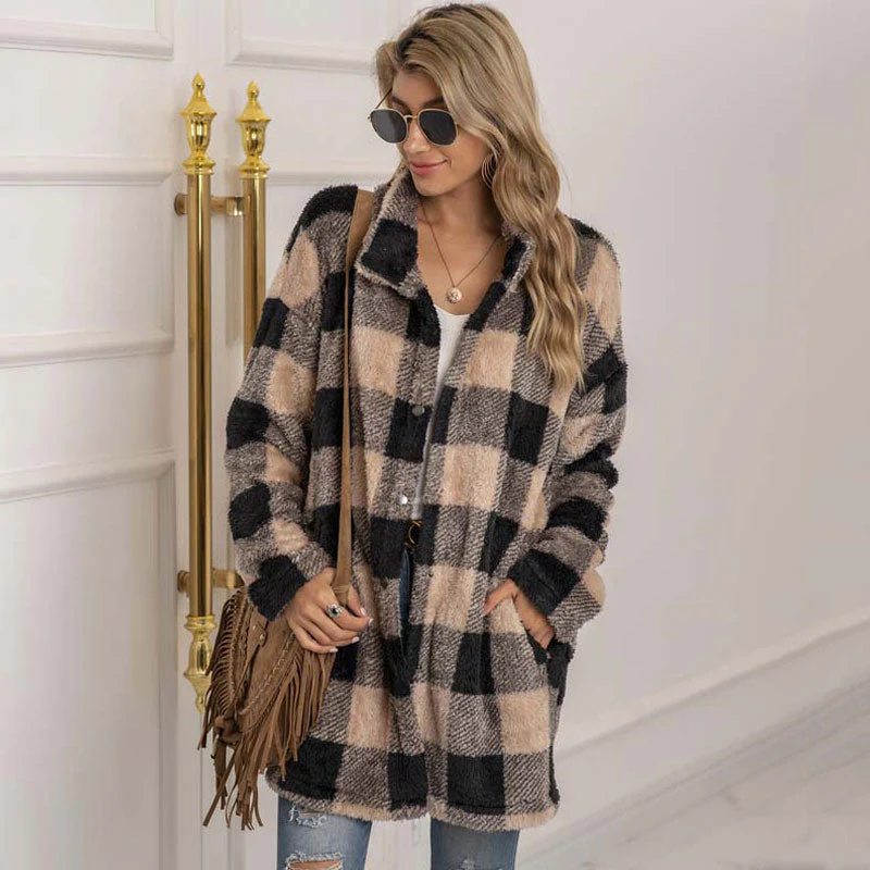 Christmas Gift Autumn Long Faux Fur Coat Women Plaid Jacket Winter Coat Women Long Sleeve Fluffy Teddy Jacket Ladies Warm Plush Jacket Female - Deanwangkt