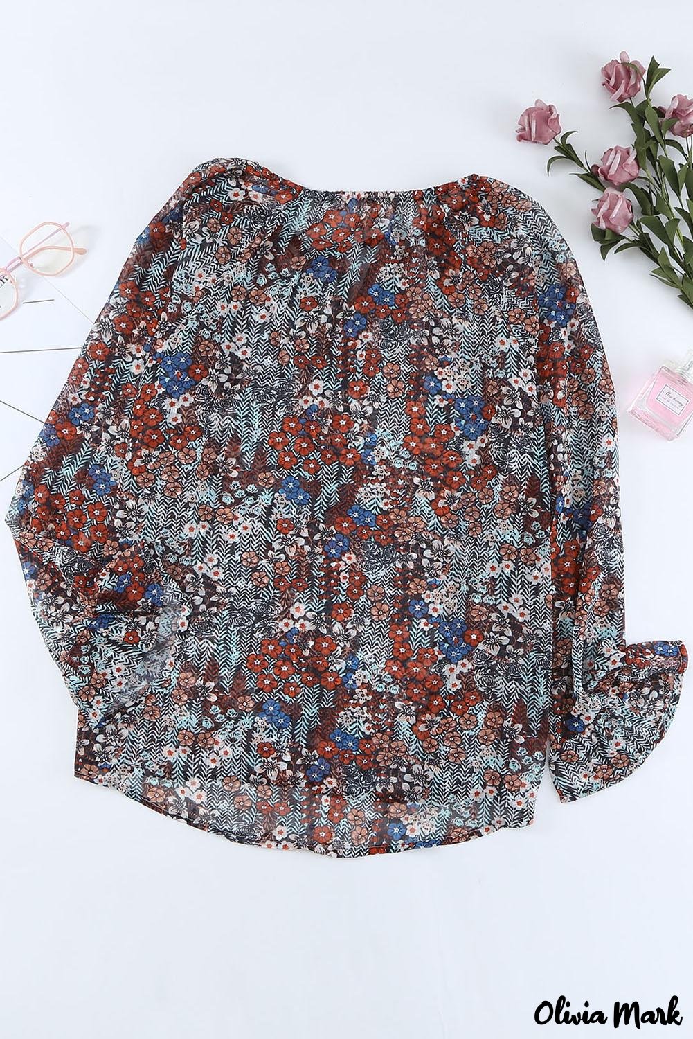 Deanwangkt - Multicolor Floral Print Drawstring Long Sleeve Blouse - Deanwangkt