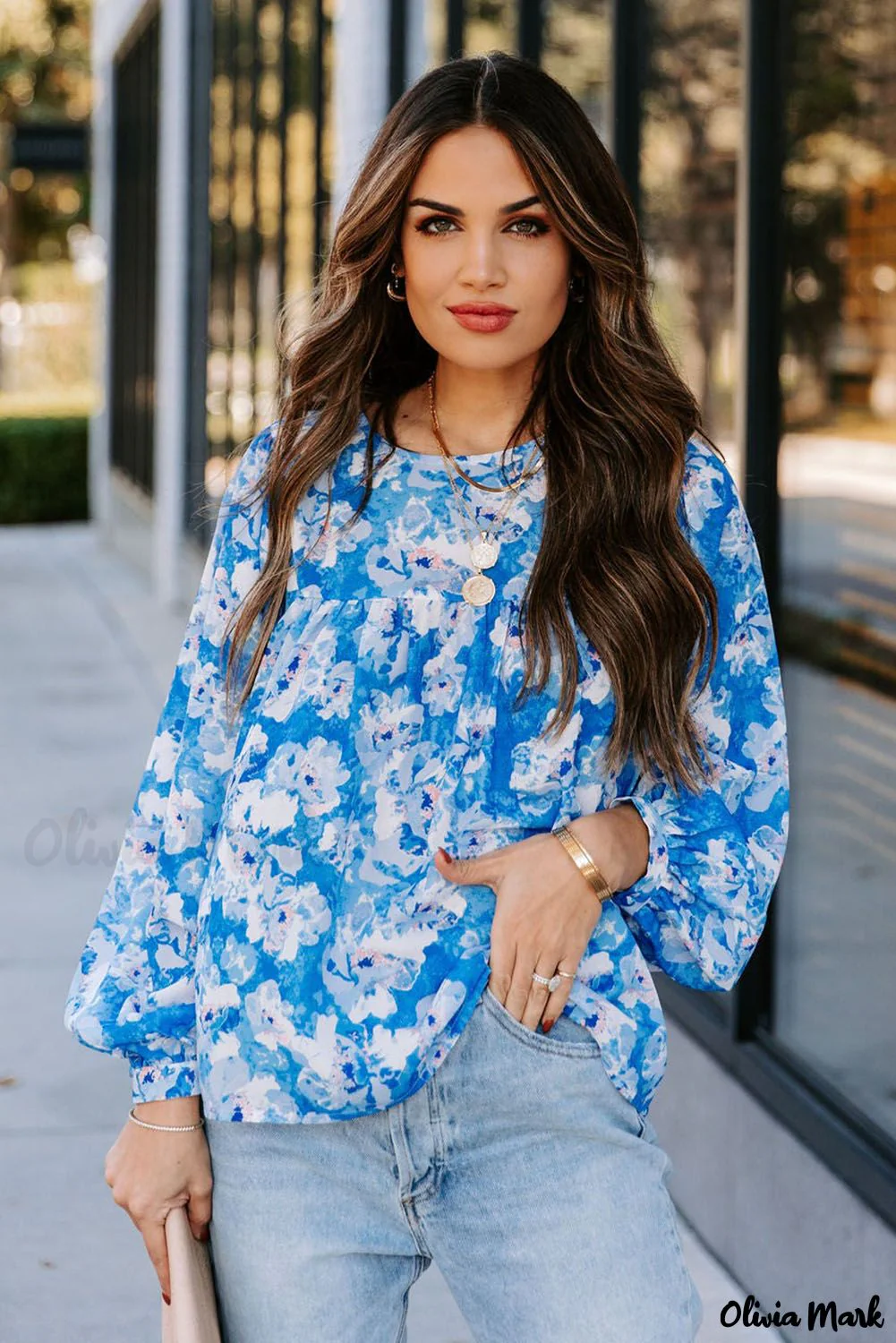 Deanwangkt - Baby Blue Floral Print Puff Sleeve Blouse - Deanwangkt