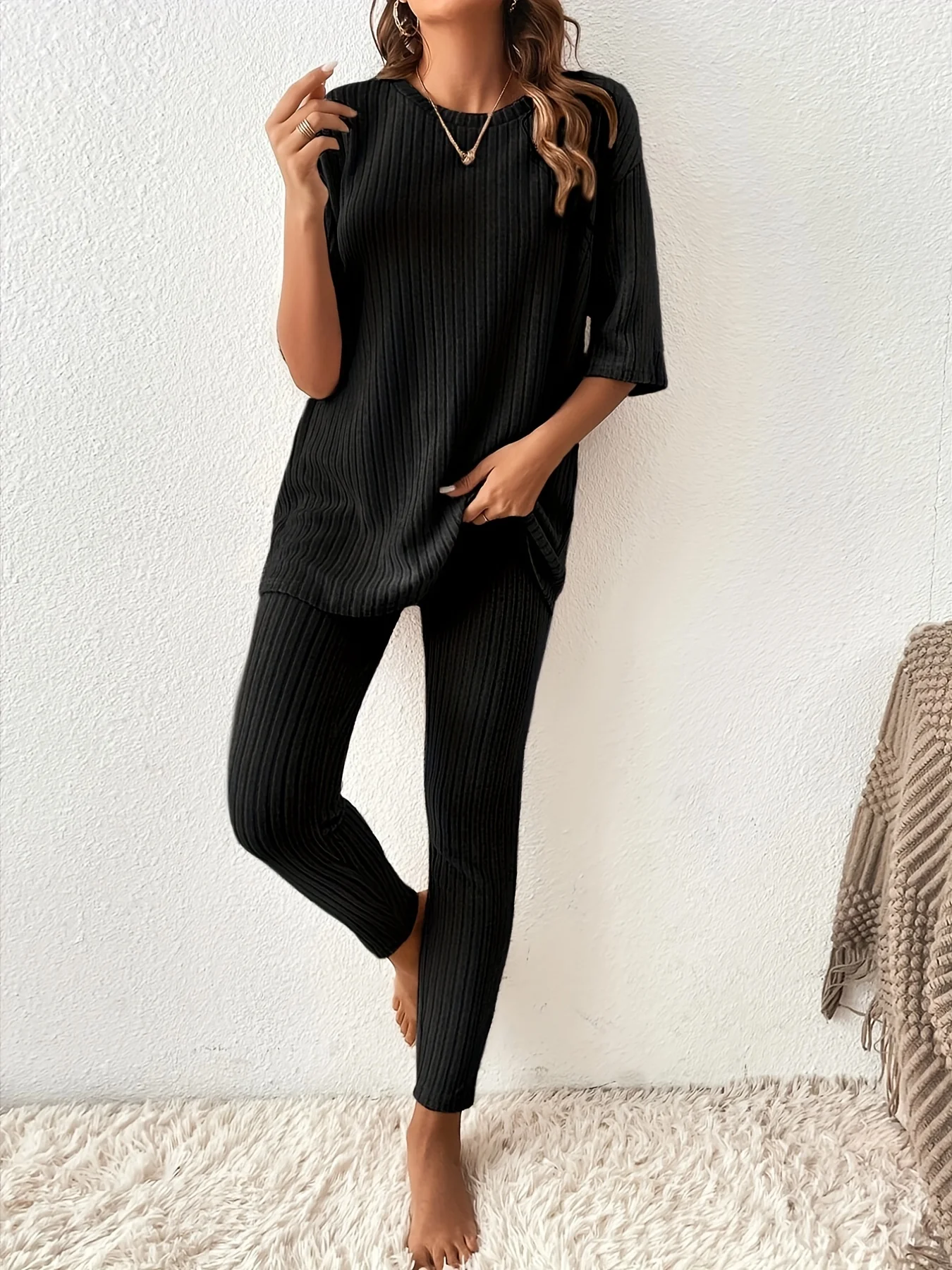 deanwangkt-1 Casual Ribbed Two-piece Set, Half Sleeve Crew Neck Top & Slim Pants Outfits, Women's Clothing - Deanwangkt