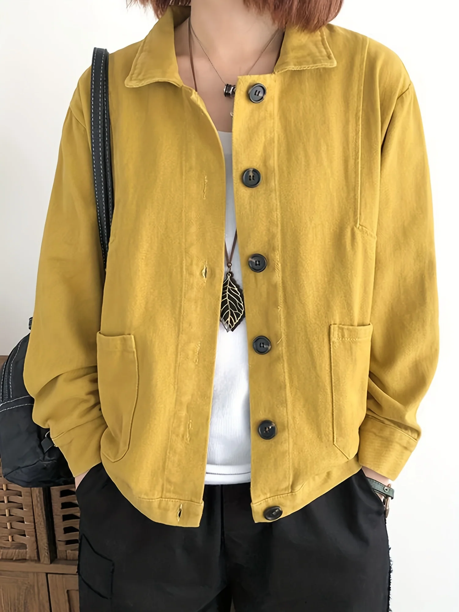 deanwangkt-1  Solid Shacket Jacket, Casual Button Front Turn Down Collar Long Sleeve Outerwear With Pockets, Women's Clothing - Deanwangkt