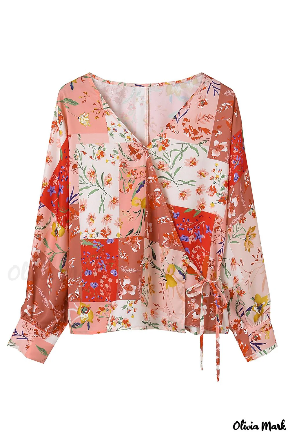 Deanwangkt - Multicolor Patchwork Floral Print V-Neck Wrap Blouse - Deanwangkt