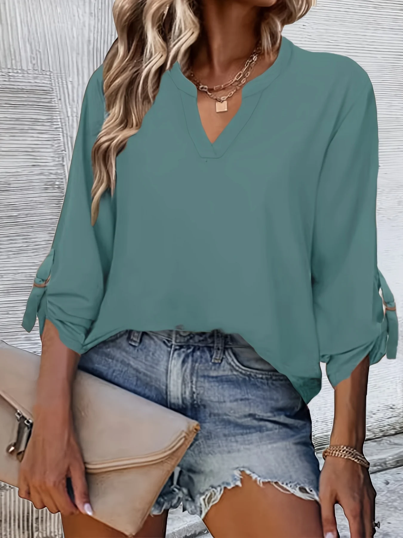 Solid Long Sleeve Blouse, V Neck Casual Every Day Top For Summer & Spring, Women's Clothing - Deanwangkt