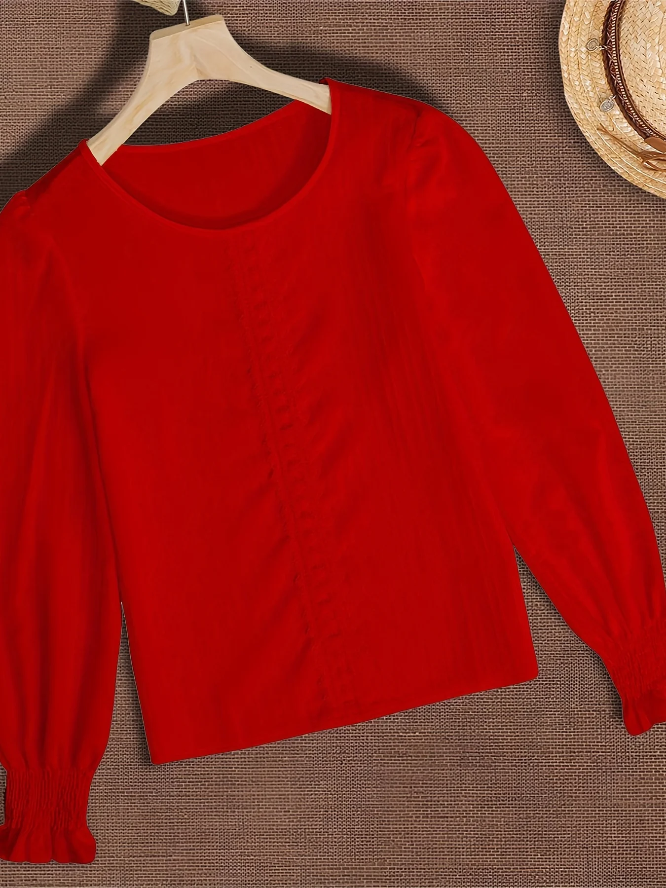 Contrast Lace Solid Blouse, Elegant Crew Neck Lantern Sleeve Blouse, Women's Clothing - Deanwangkt