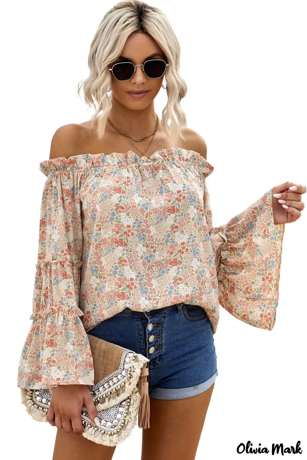 Deanwangkt - Off The Shoulder Floral Print Ruffled Bell Sleeve Blouse - Deanwangkt