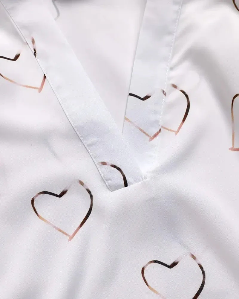 Deanwangkt - Casual Heart Print V-Neck Long Sleeve Top - Deanwangkt