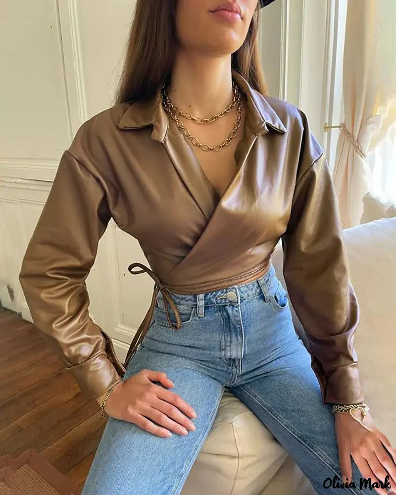 Deanwangkt - PU Leather Long Sleeve Top with Knot Detail - Deanwangkt