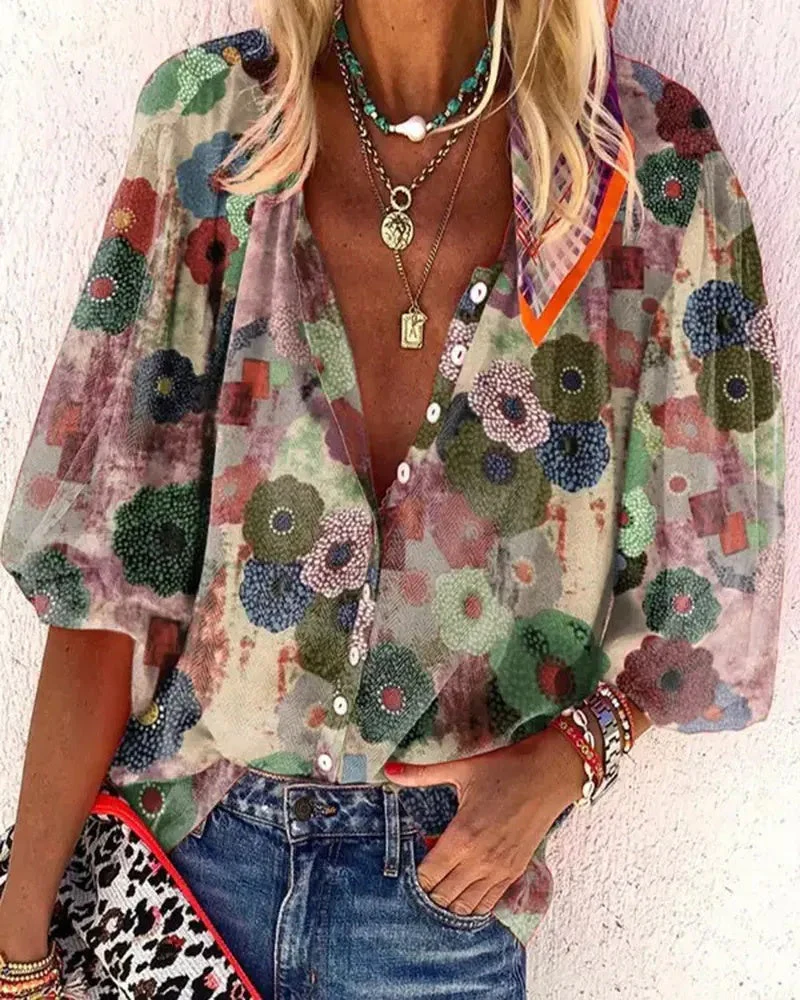 Deanwangkt - Floral Print Button Down Lantern Sleeve Shirt - Deanwangkt