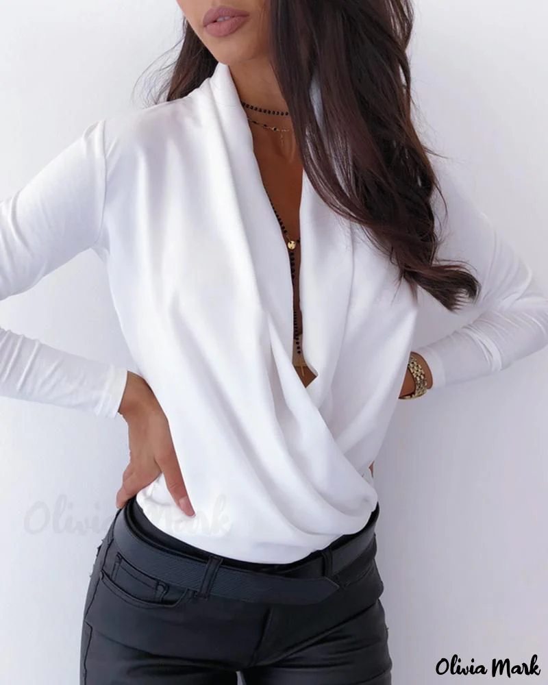 Deanwangkt - Solid Plunge Long Sleeve Ruched Blouse - Deanwangkt