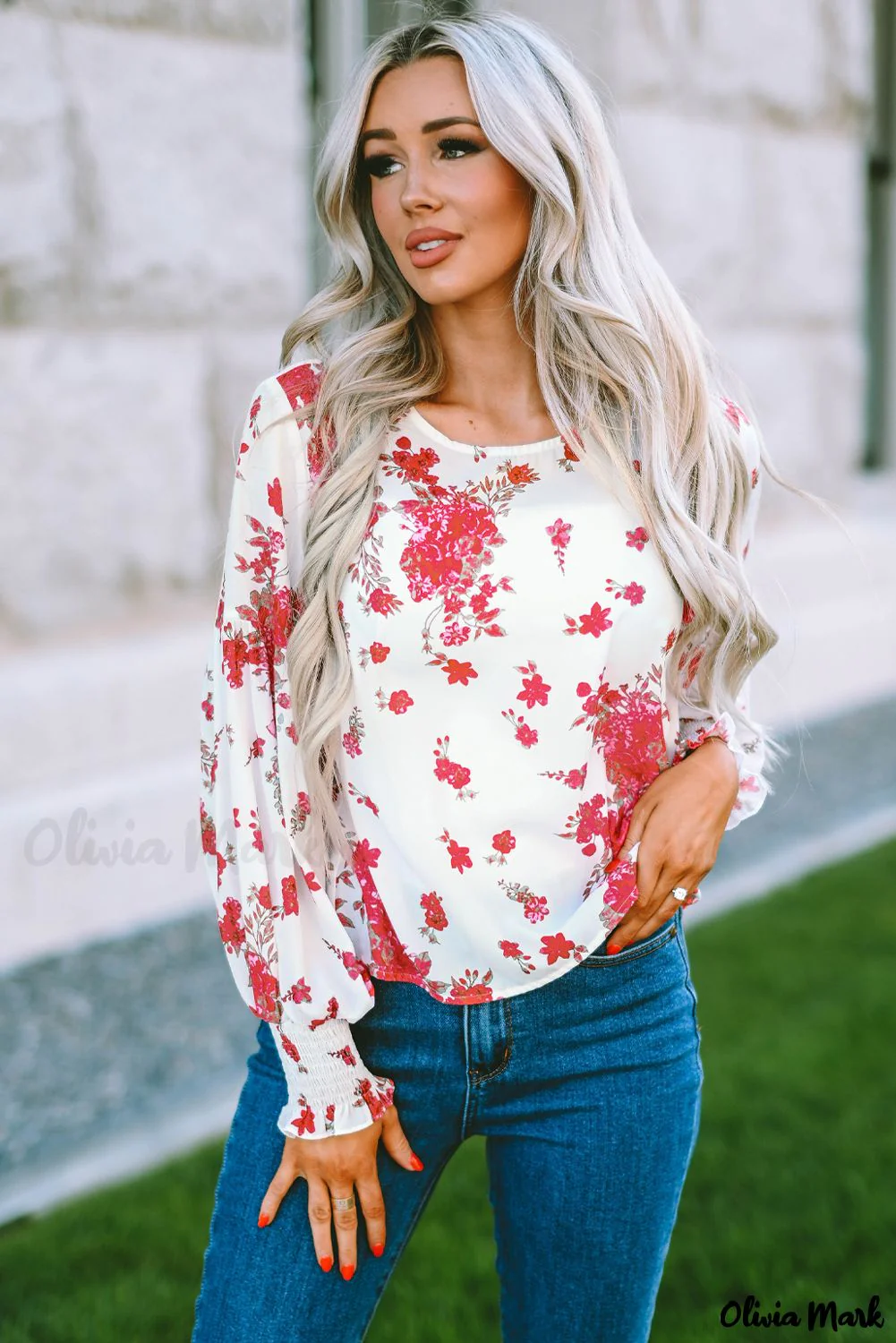 Deanwangkt - Pink floral blouse with round neck and bishop sleeves - Deanwangkt