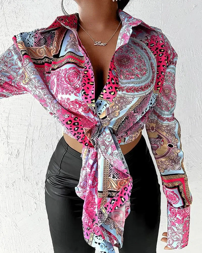 Deanwangkt - Long Sleeve Tie Front Scarf Print Shirt - Deanwangkt