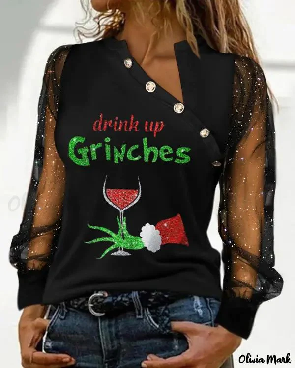 Deanwangkt - Christmas Grinch Print Sparkly Sheer Tulle Long Sleeve Top - Deanwangkt