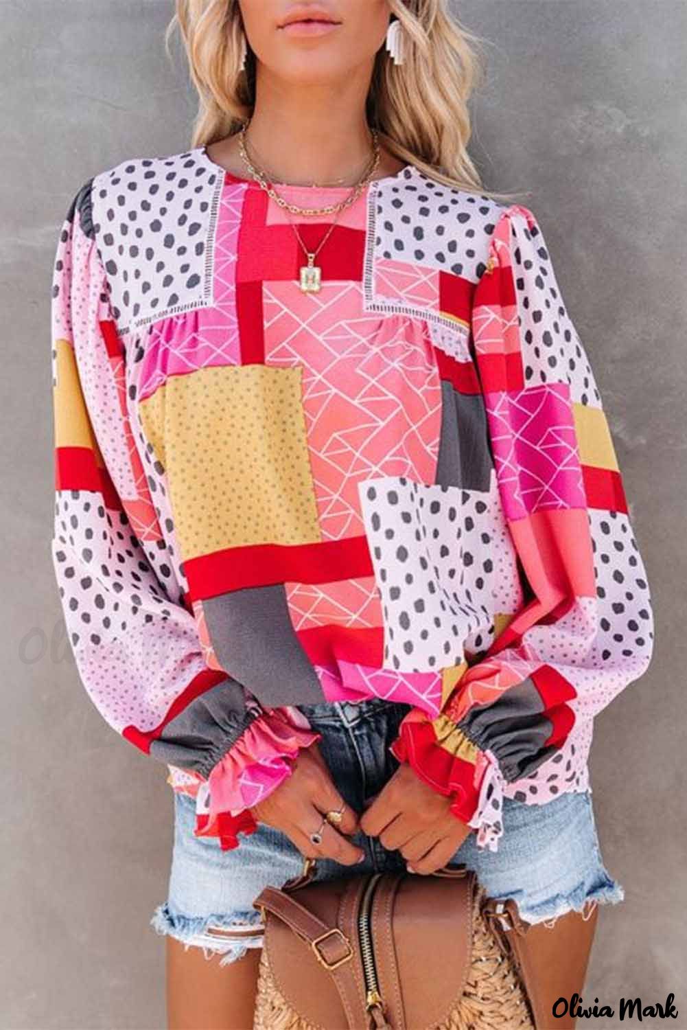 Deanwangkt - Multicolor Polka Dot Geometric Patchwork Long Sleeve Blouse - Deanwangkt