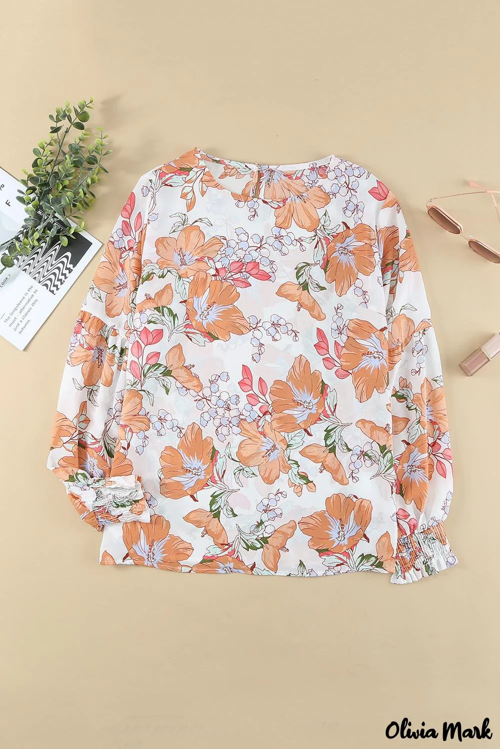 Deanwangkt - Orange floral print puff sleeve shirt with smocked cuffs - Deanwangkt
