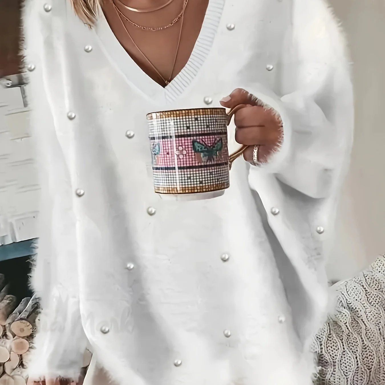 deanwangkt-1  Rhinestone V Neck Fuzzy Sweater, Casual Long Sleeve Loose Sweater, Women's Clothing - Deanwangkt