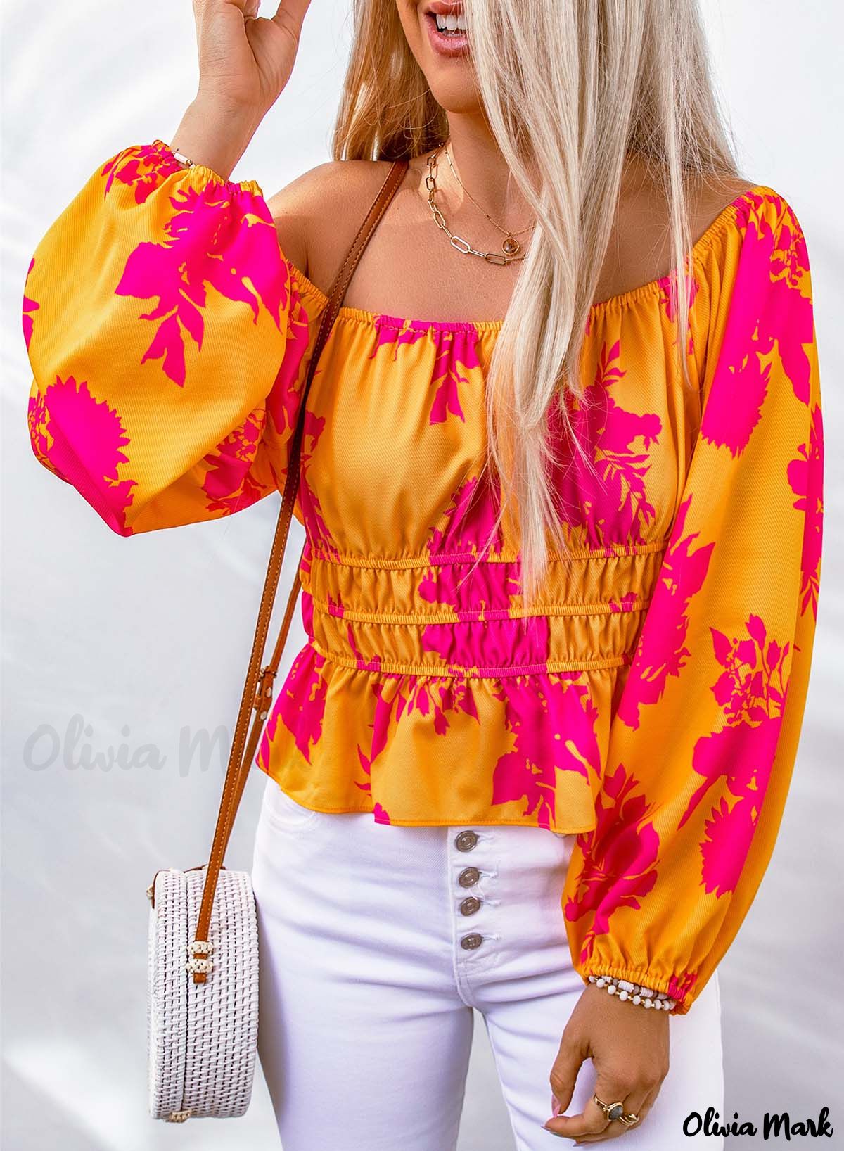 Deanwangkt - Yellow Floral Print Off Shoulder Puff Sleeve Blouse - Deanwangkt