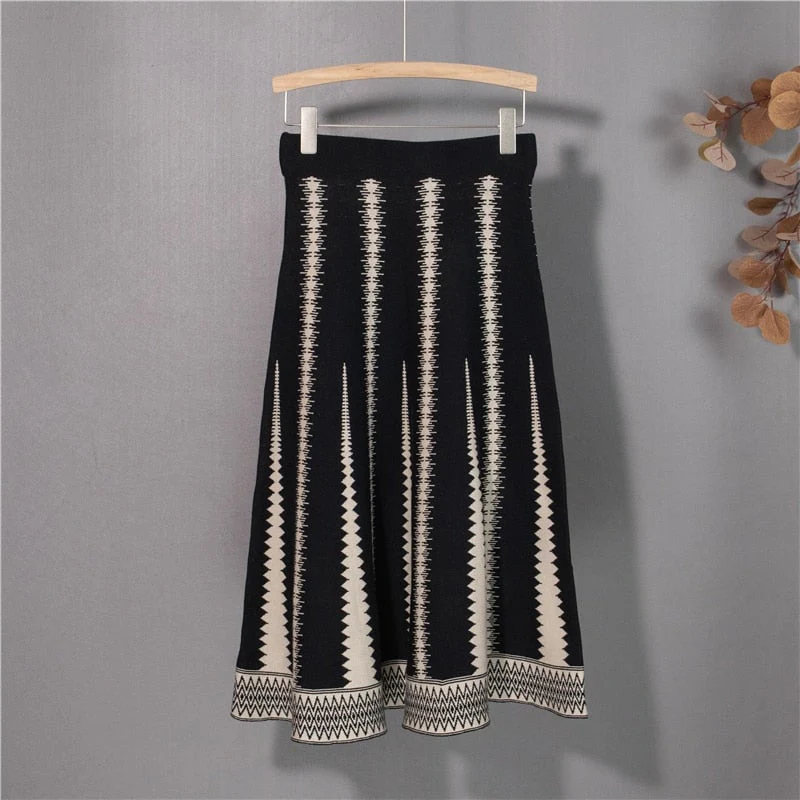 Christmas Gift  New Deanwangkt Autumn Winter Women Skirts Knitted Fashionable Flare Vintage High Waist Elegant Warm Lady Long Skirts SK1518 - Deanwangkt