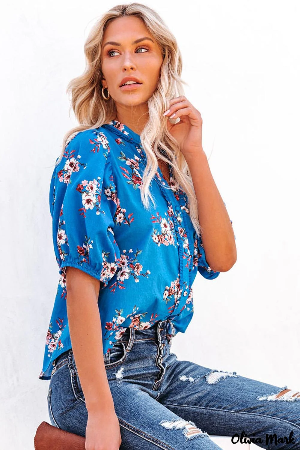 Deanwangkt - Blue Floral Print Button Up Puff Sleeve Blouse - Deanwangkt