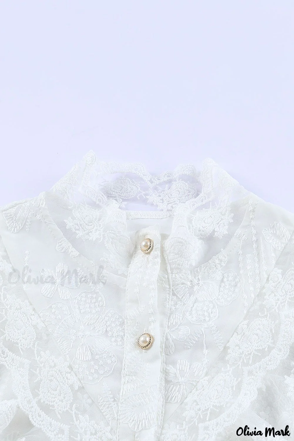 Deanwangkt - White Lace Embroidered Ruffled Button Down Long Sleeve Shirt - Deanwangkt