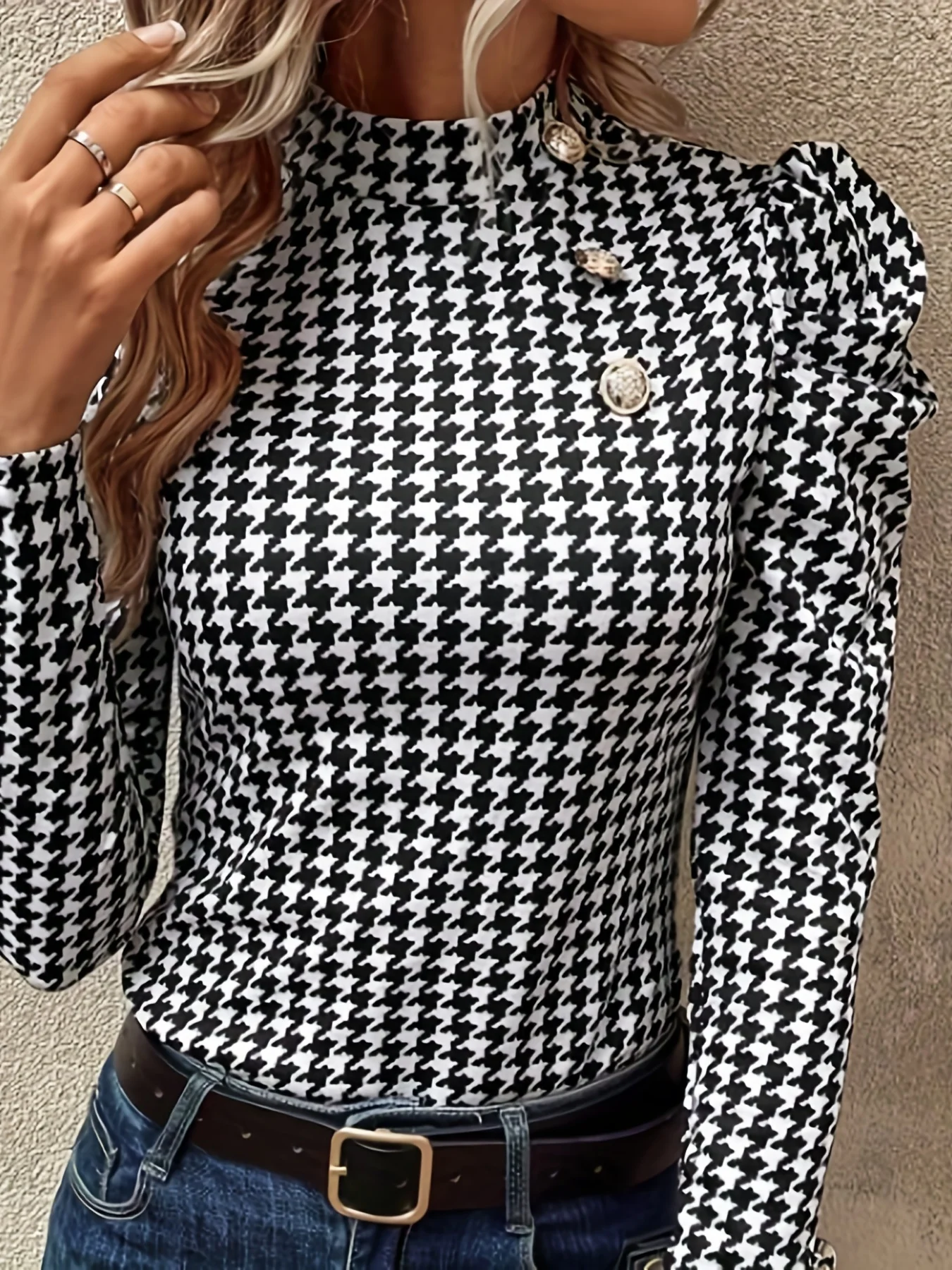 Houndstooth Print Blouse, Casual Mock Neck Slim Long Sleeve Blouse, Women's Clothing - Deanwangkt