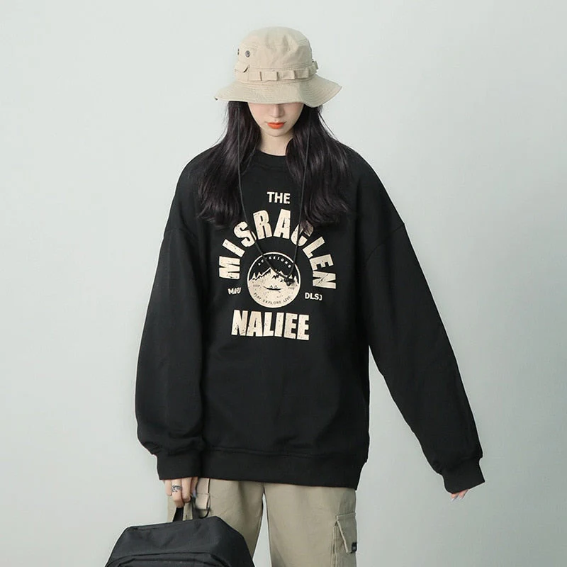 Black Friday Sales Retro Sweater Women Alphabet Print Round Neck Hoodie Loose Long-Sleeved Street Trend Casual Autumn And Winter Thickened Pullover - Deanwangkt