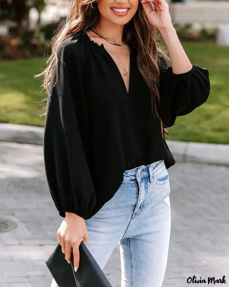 Deanwangkt - Frill Hem V-Neck Long Sleeve Top - Deanwangkt