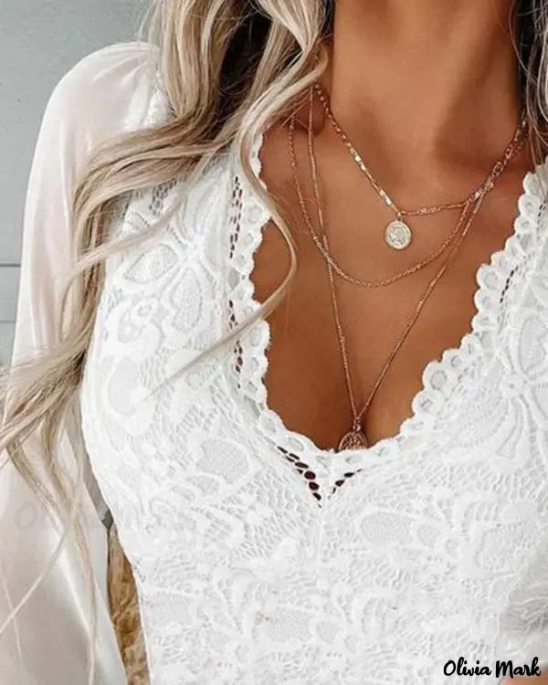 Deanwangkt - Womens Long Sleeve Contrast Mesh Lace Blouse - Deanwangkt