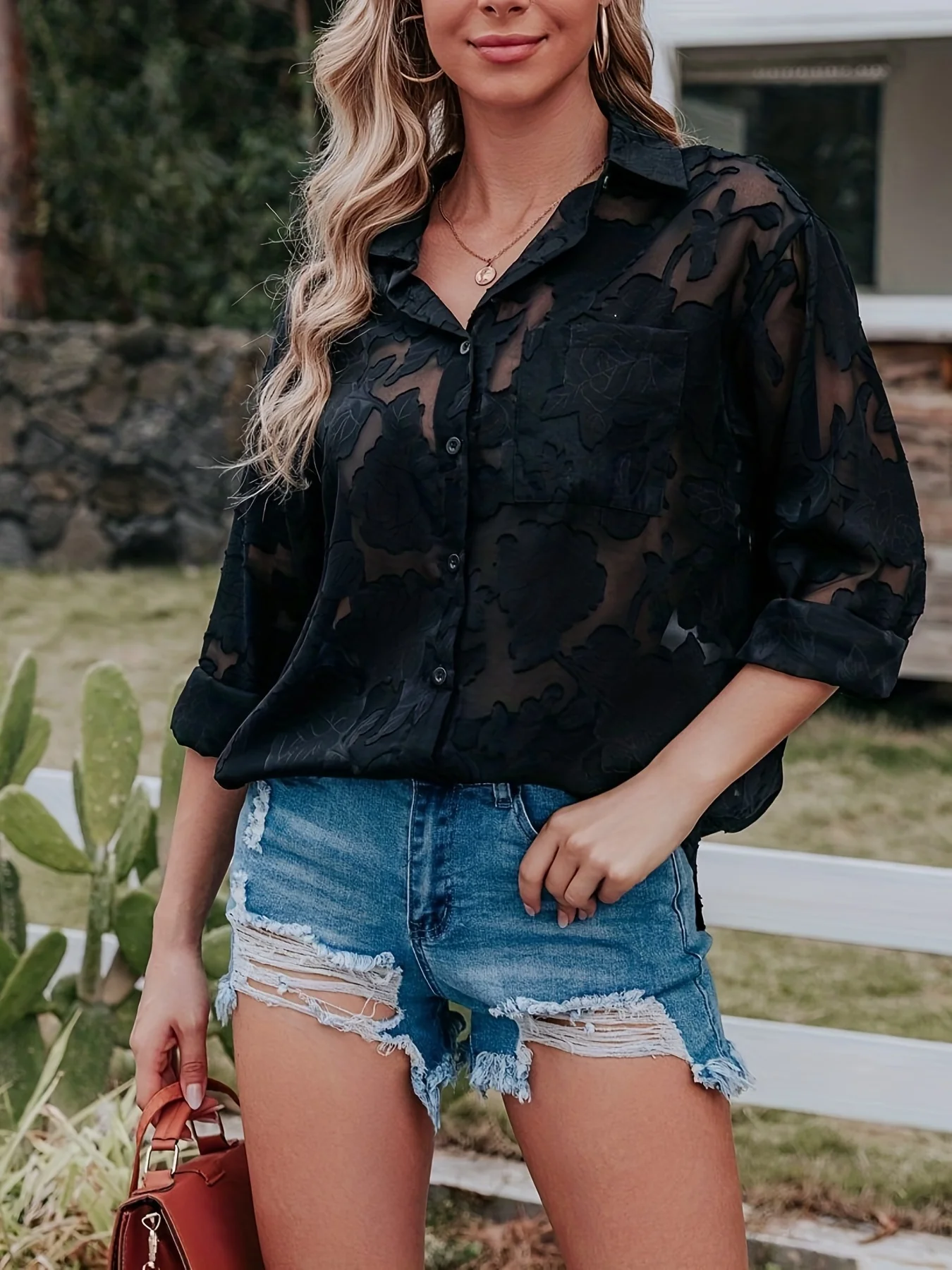 Chiffon Jacquard V-neck Lapel Blouses, Casual Loose Button Down Long Sleeve Fashion Shirts Tops, Women's Clothing - Deanwangkt