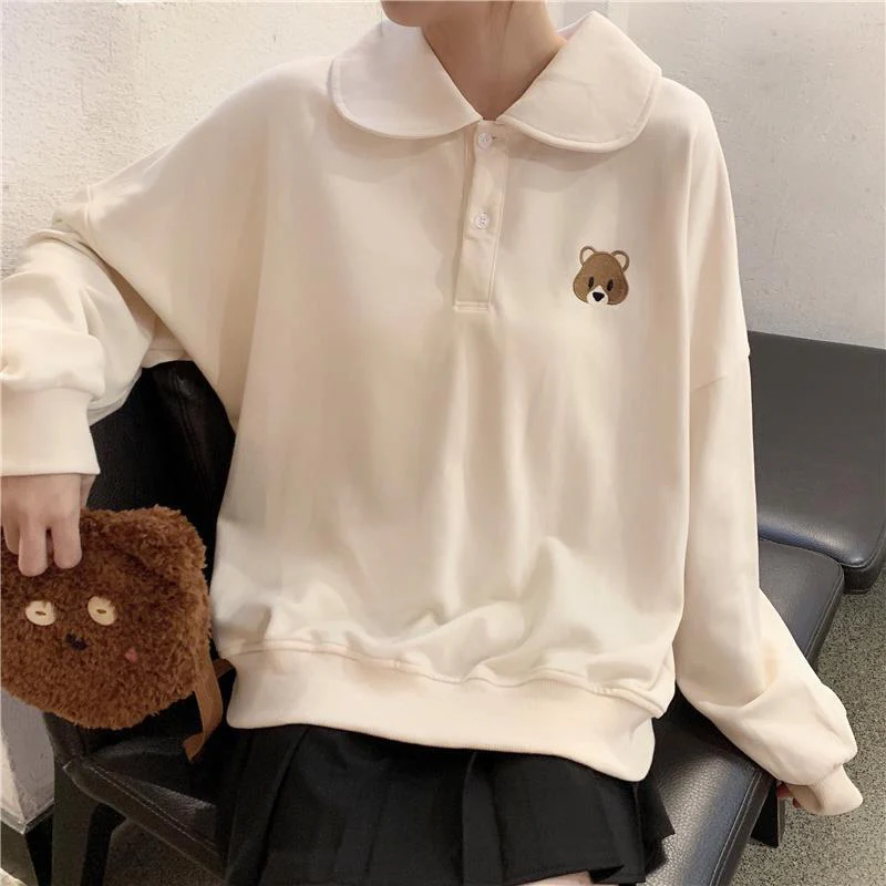 Christmas Gift Autumn Kawaii Bear Embroidery Polo Sweatshirt Deanwangkt Japanese Sweet Preppy Style Hoodie Women Tops Cute Clothes Alt Kpop - Deanwangkt
