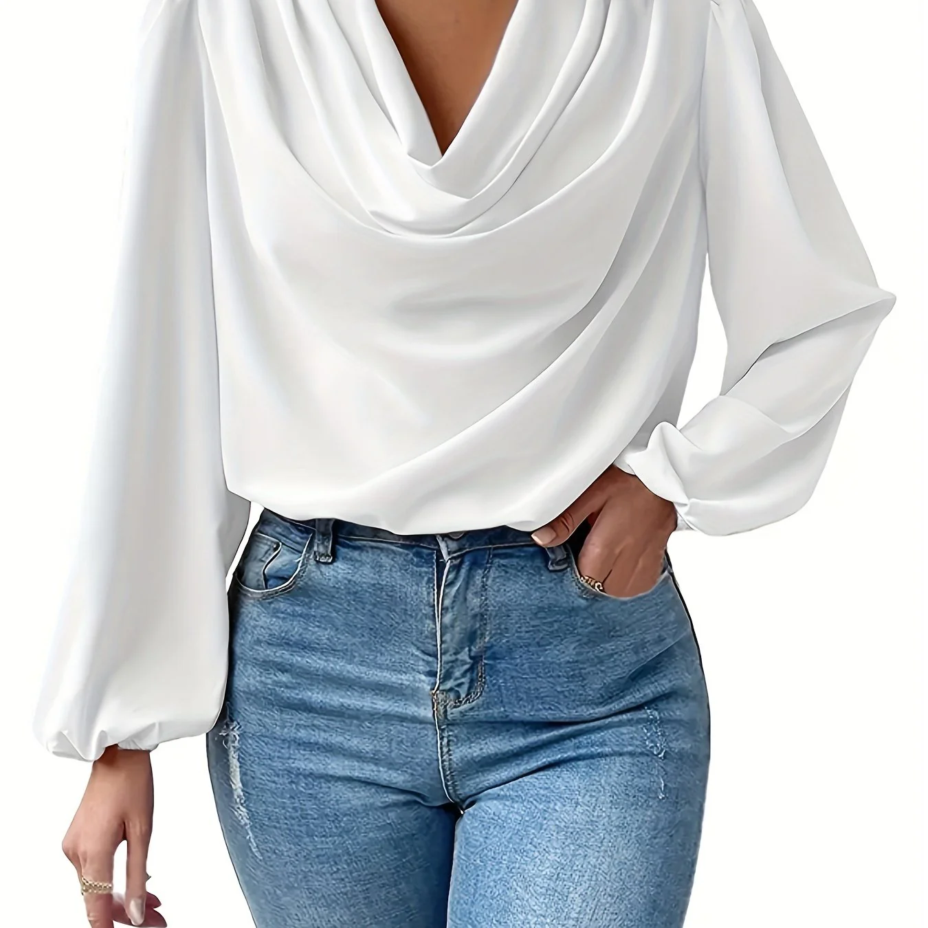 Long Sleeve Cowl Neck Blouse, Solid Casual Top For Fall & Spring, Women's Clothing - Deanwangkt