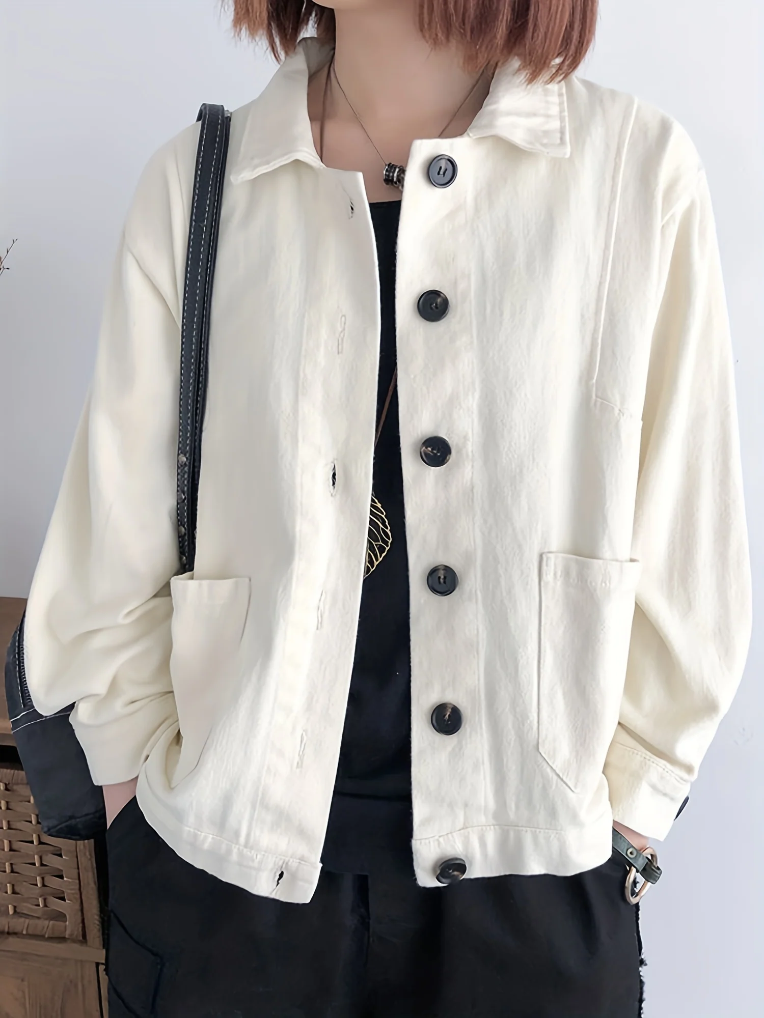 deanwangkt-1  Solid Shacket Jacket, Casual Button Front Turn Down Collar Long Sleeve Outerwear With Pockets, Women's Clothing - Deanwangkt