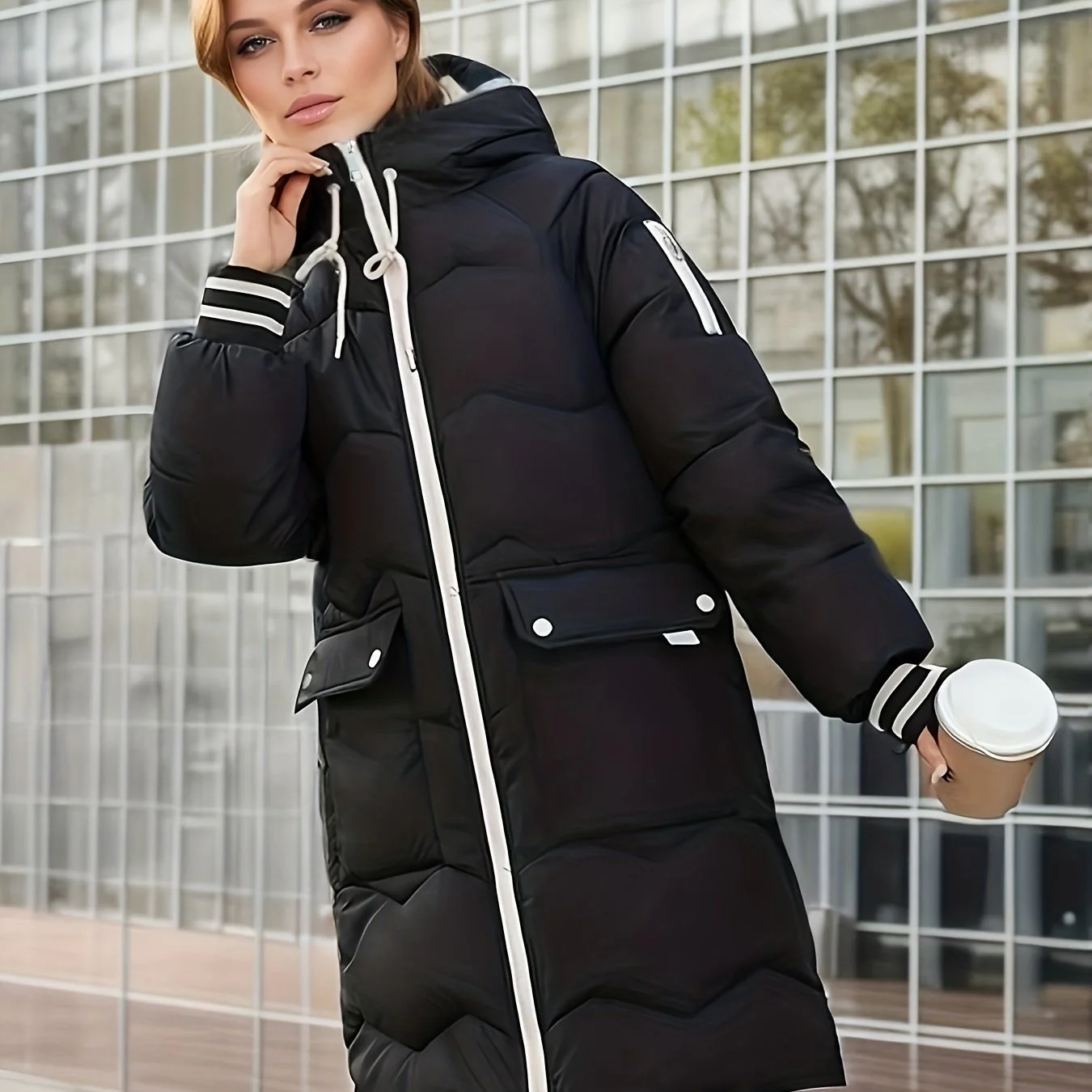 Zip Up Color Block Hooded Coat, Casual Long Sleeve Winter Warm Outerwear, Women's Clothing - Deanwangkt