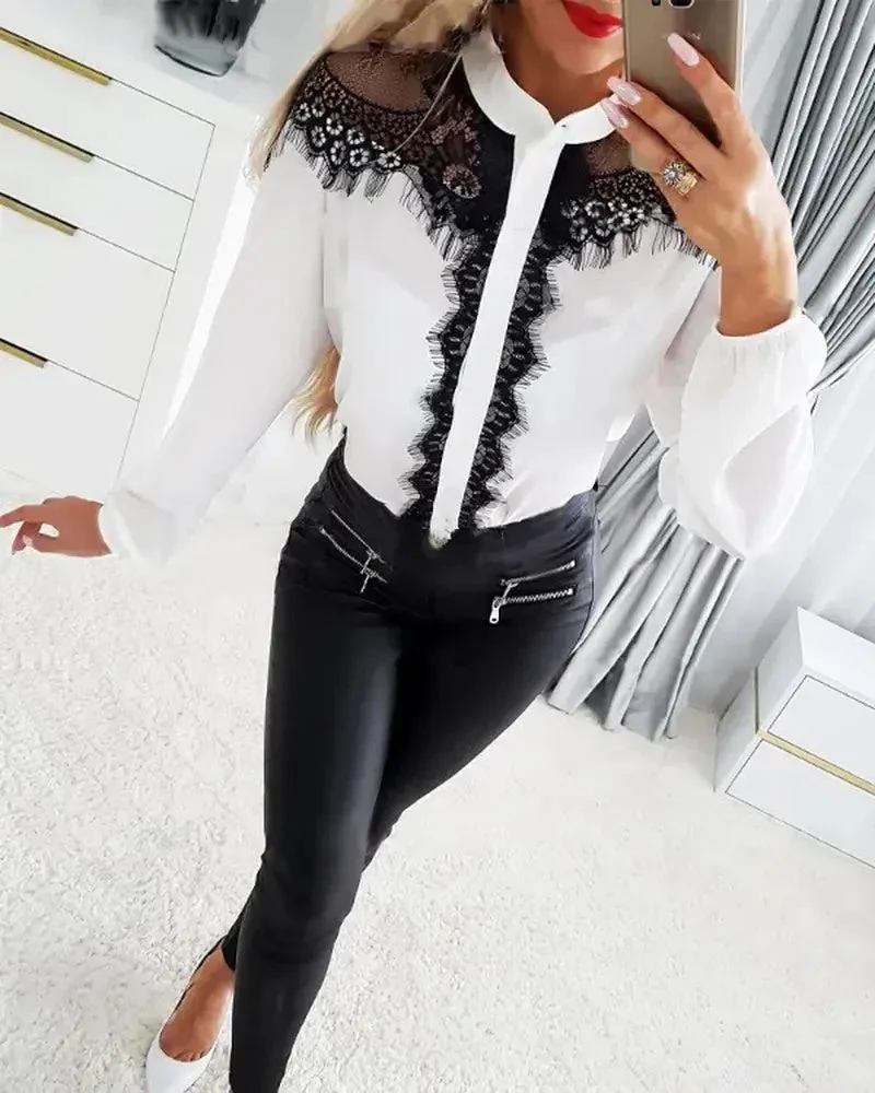 Deanwangkt - Long sleeve button up top with fringed lace patch - Deanwangkt