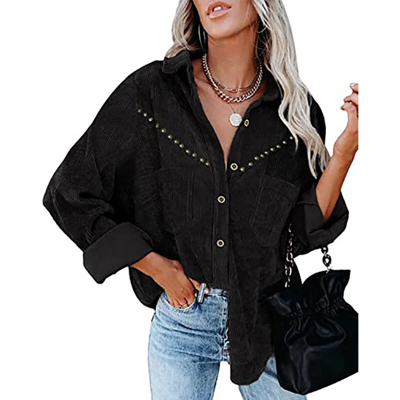 Christmas Gift Autumn Winter New Women Solid Color Lapel Coat Women's Corduroy Long-sleeved Buttoned Shirt Vintage Fashion Oversized Jacket Top - Deanwangkt