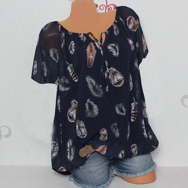 5XL Plus Large Size Women's Blouses Summer Tops New Leisure Blouse White Loose Feather Print V Neck Half Sleeve Shirts Blusas - Deanwangkt