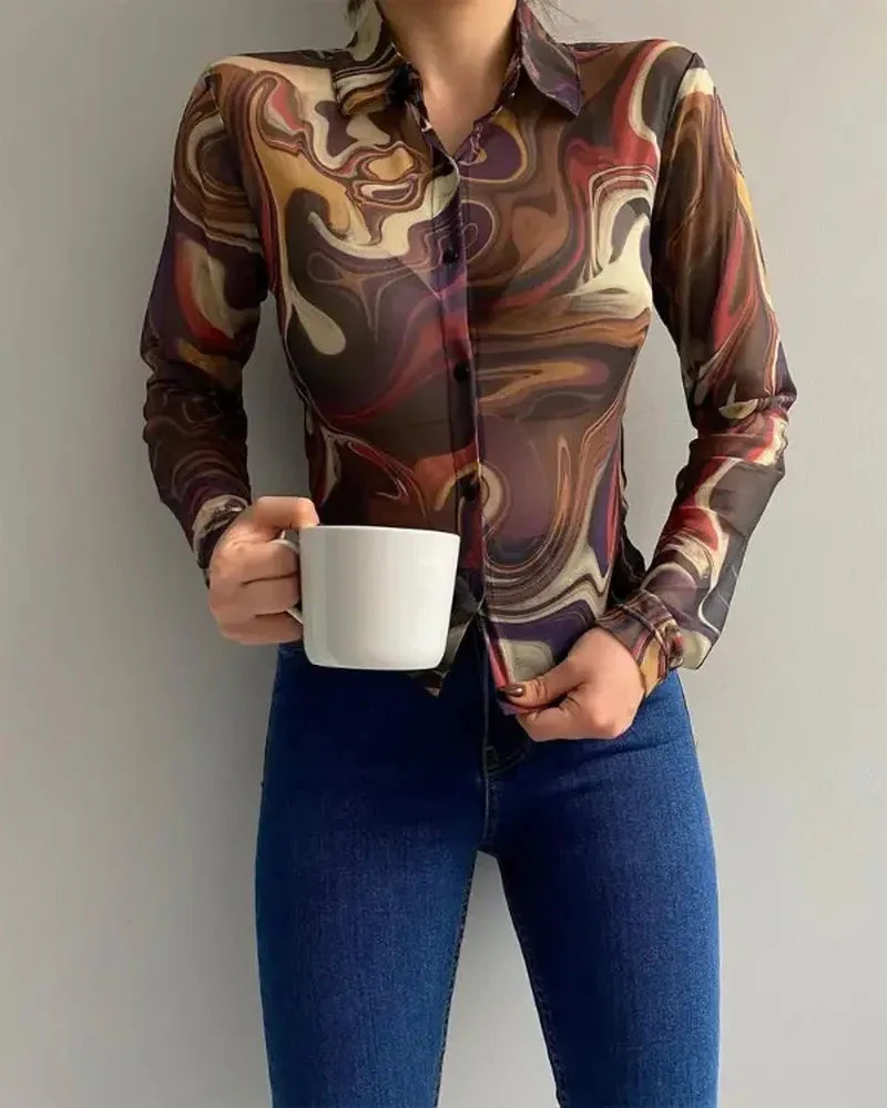 Deanwangkt - Marble Print Long Sleeve Button Down Shirt - Deanwangkt